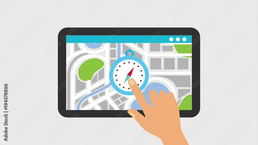tablet device with hand touch compass pin map gps navigation animation tablet device with hand touch compass pin map gps navigation animation