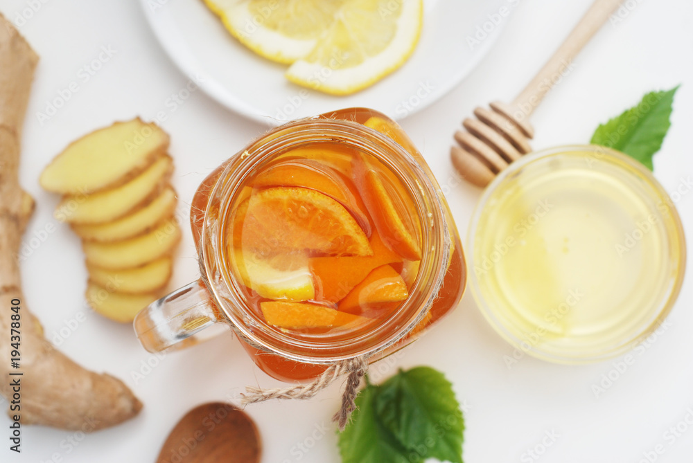 Glass of Fruit tea Dring. Ginger, lemon and Honey. Health food Concept. Healthy Drink. Glass of Fruit tea Dring. Ginger, lemon and Honey. Health food Concept. Healthy Drink.