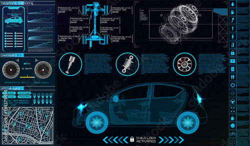 Car infographics. HUD for the application. Virtual graphical interface Ui HUD Autoscanning, analysis and diagnostics, Abstract vector science.  auto service . phone control, Futuristic user interface