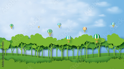Green silhouette forest plantation and blue sky landscape abstract background.Nature and environment conservation concept flat design.Vector illustration.
