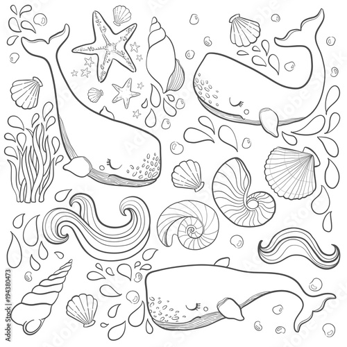 Graphic elements whales flying in the sky. Sea and ocean creatures. Coloring book page design for adults and kids