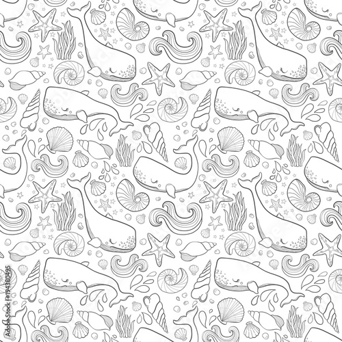 Graphic whales flying in the sky. Sea and ocean creatures. Vector fantasy seamless pattern. Coloring book page design for adults and kids