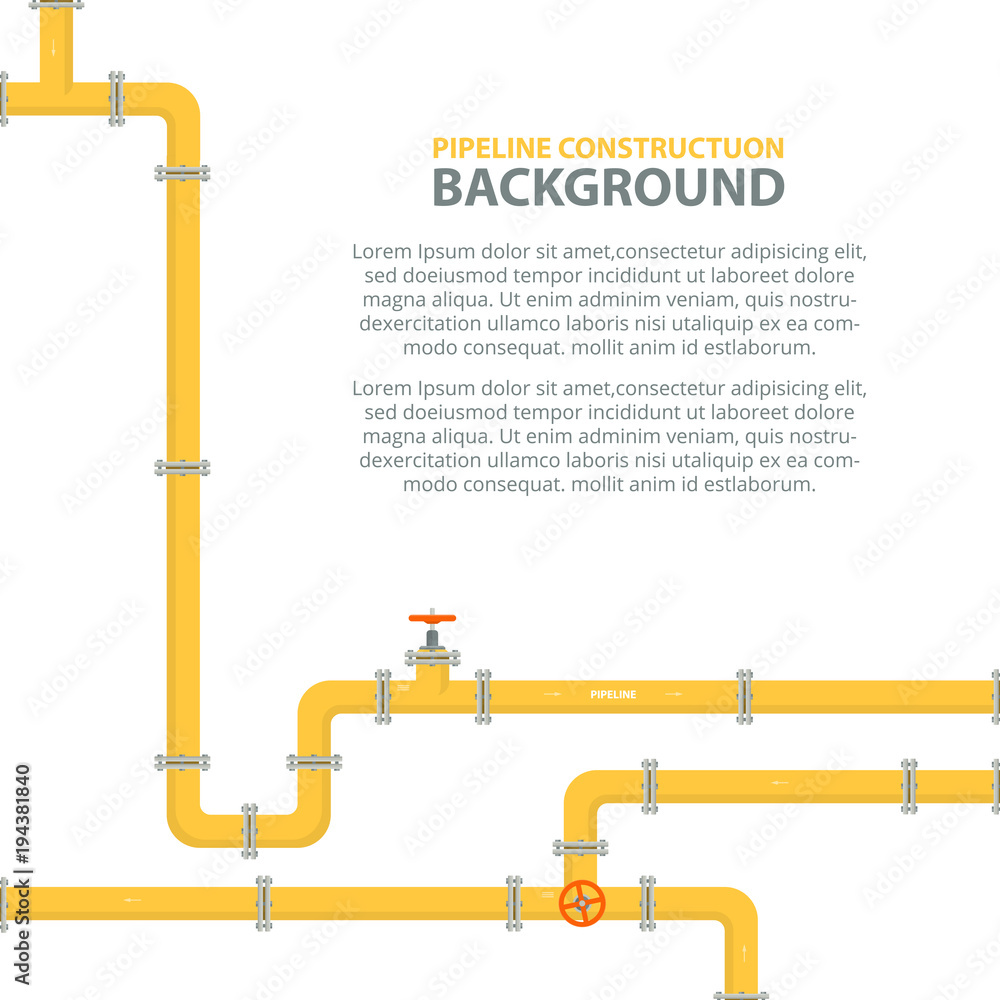 Industrial background with yellow pipeline. Oil, water or gas pipeline with fittings and valves. Vector illustration in a flat style. Industrial background with yellow pipeline. Oil, water or gas pipeline with fittings and valves. Vector illustration in a flat style.