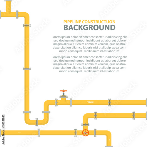 Industrial background with yellow pipeline. Oil, water or gas pipeline with fittings and valves. Vector illustration in a flat style.