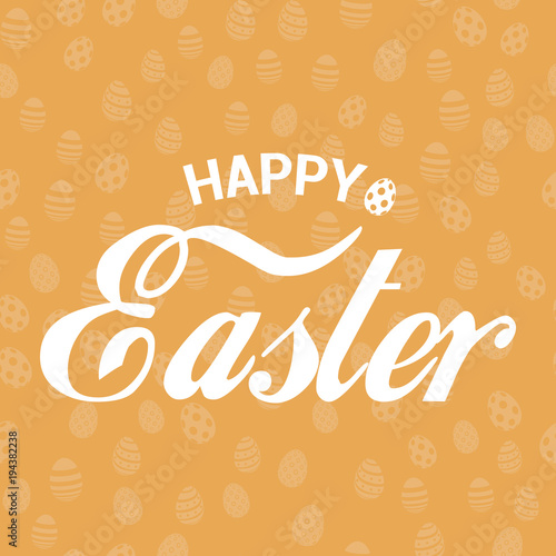 Happy Easter greeting card with eggs on orange background. Vector.