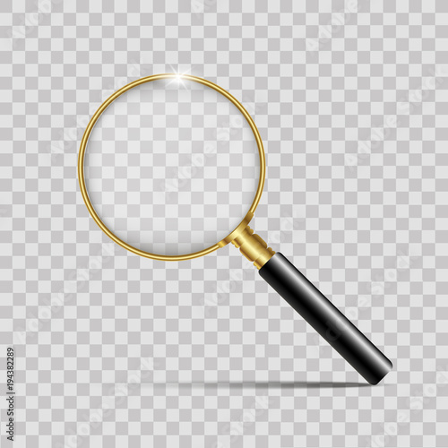 Realistic gold magnifier on transparent background. Vector.