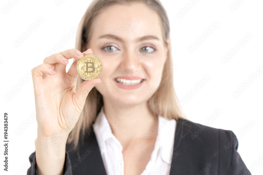 Businesswoman holding bitcoin with smile isolated on white background. Businesswoman holding bitcoin with smile isolated on white background.