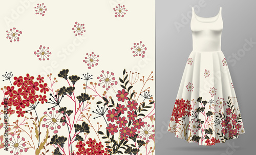 Cute pattern in small simple flowers. Seamless background and seamless border. An example of the pattern of the dress mock up. Vector illustration. Red black on white.