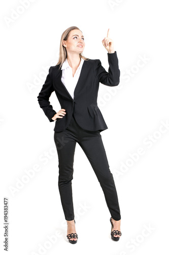 Businesswoman standing and thinking for work isolated on white background.