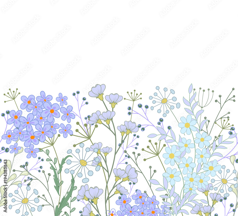 Vector seamless floral border. Herbs and wild flowers. Botanical Illustration engraving style. Blue on white