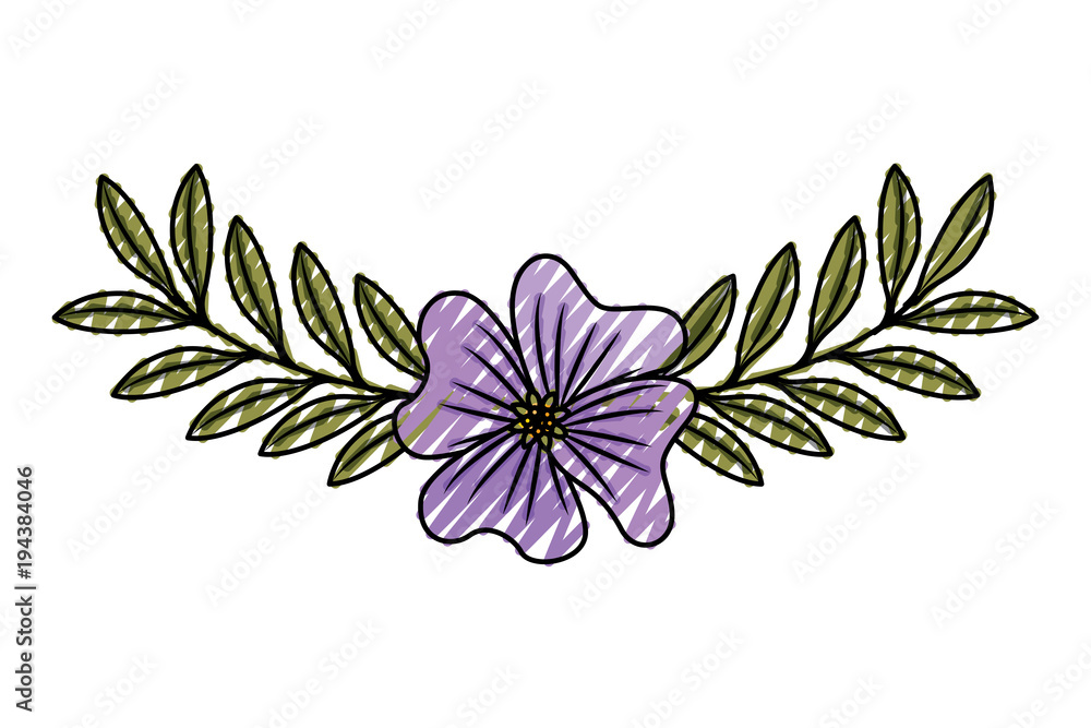 cute flower periwinkle and branch with leaves foliage decoration ...