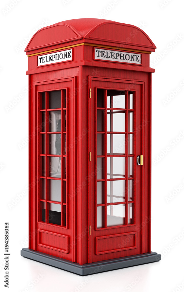 Red British phone booth isolated on white background. 3D illustration Red British phone booth isolated on white background. 3D illustration