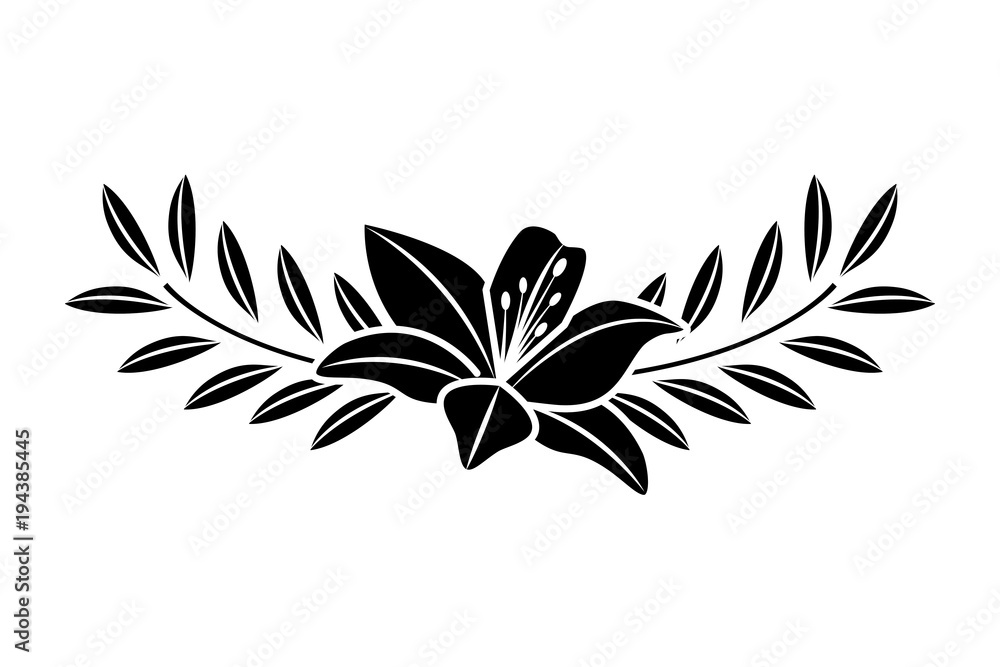 cute flower lily and branch with leaves foliage decoration vector illustration black image