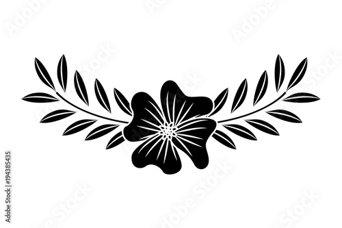 cute flower periwinkle and branch with leaves foliage decoration vector illustration black image