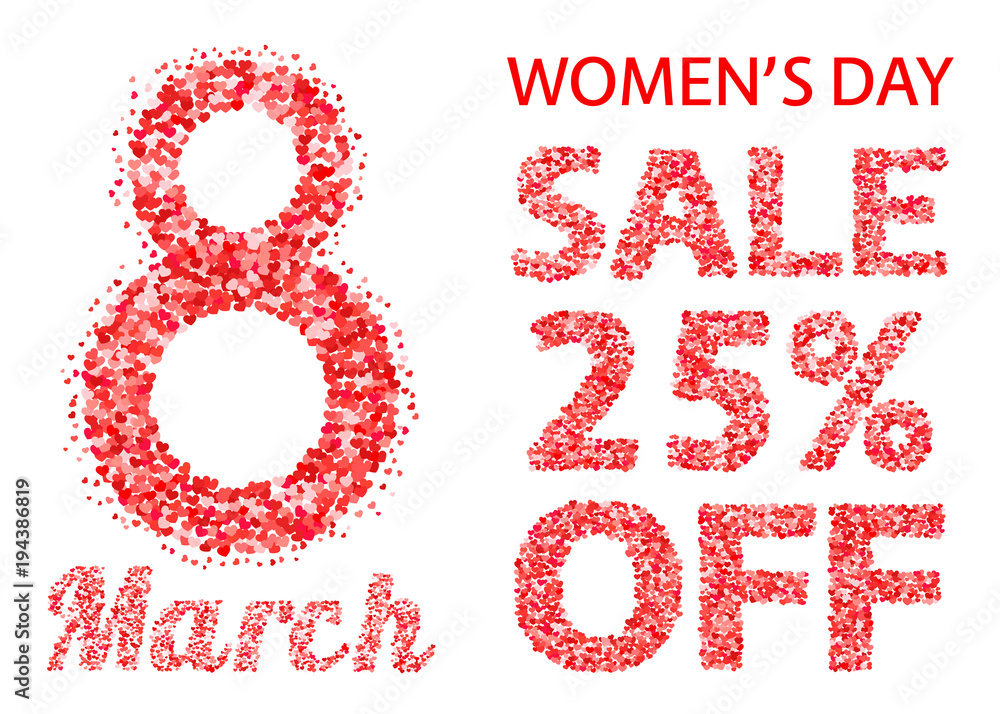 International Women's Day sale banner with letters and numbers of scattered hearts confetti. March 8 vector illustration isolated on white background. Easy to edit design template. International Women's Day sale banner with letters and numbers of scattered hearts confetti. March 8 vector illustration isolated on white background. Easy to edit design template.