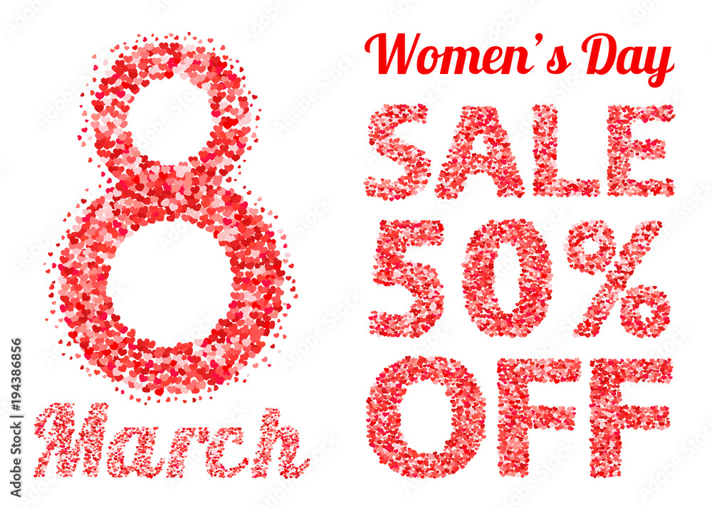 International Women's Day sale banner with letters and numbers of scattered hearts confetti. March 8 vector illustration isolated on white background. Easy to edit design template. International Women's Day sale banner with letters and numbers of scattered hearts confetti. March 8 vector illustration isolated on white background. Easy to edit design template.