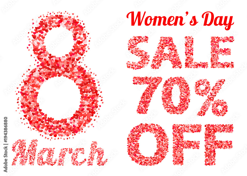 Fototapeta premium International Women's Day sale banner with letters and numbers of scattered hearts confetti. March 8 vector illustration isolated on white background. Easy to edit design template.