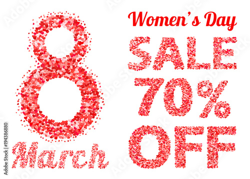 International Women's Day sale banner with letters and numbers of scattered hearts confetti. March 8 vector illustration isolated on white background. Easy to edit design template.