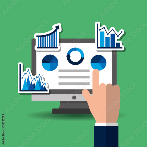 hand pressing screen computer with graphs chart process vector illustration