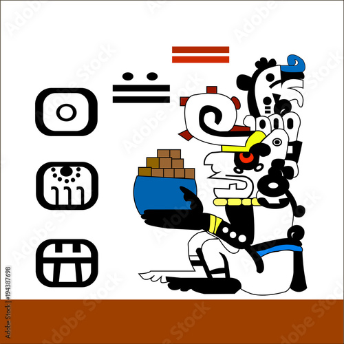 Ethnic patterns of Native Americans: the Aztec, Inca, Maya, Alaska Indians (Mexico, Ecuador, Peru).Priest holding a cup of chocolate bars. Vector illustration