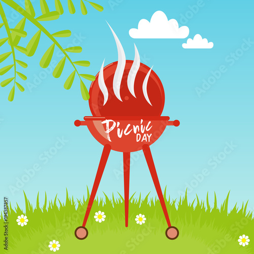 barbecue grill over landscape background. colorful flat design. vector illustration. Lettering quote Picnic day
