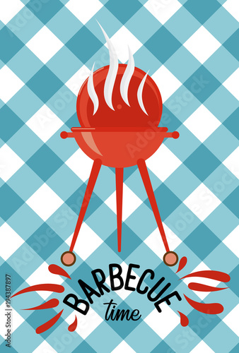 Barbecue time grill over tablecloth background. colorful flat design. vector illustration. Lettering quote logo