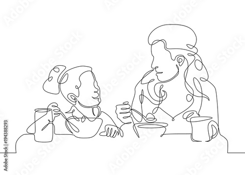 Continuous single line one morning, breakfast, meal character at the table. Coffee, fried eggs, tea, toast, juice.Girl daughter with mother woman having breakfast together