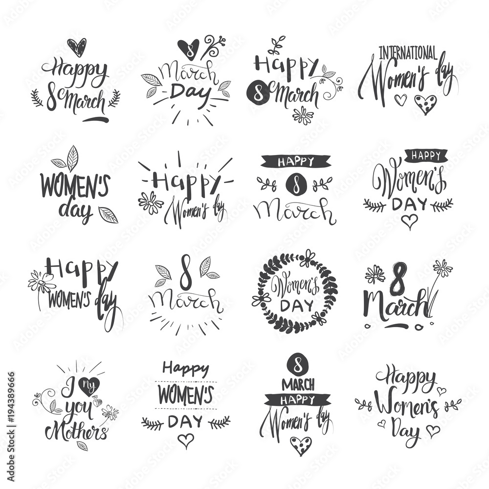 Happy Women Day Lettering Set Grunge Ink Badges And Stickers On White Background Vector Illustration
