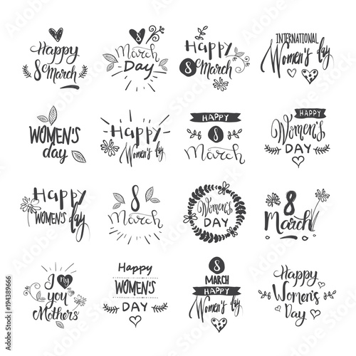 Happy Women Day Lettering Set Grunge Ink Badges And Stickers On White Background Vector Illustration