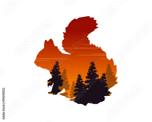 Silhouette of a squirrel with inside the fir landscape