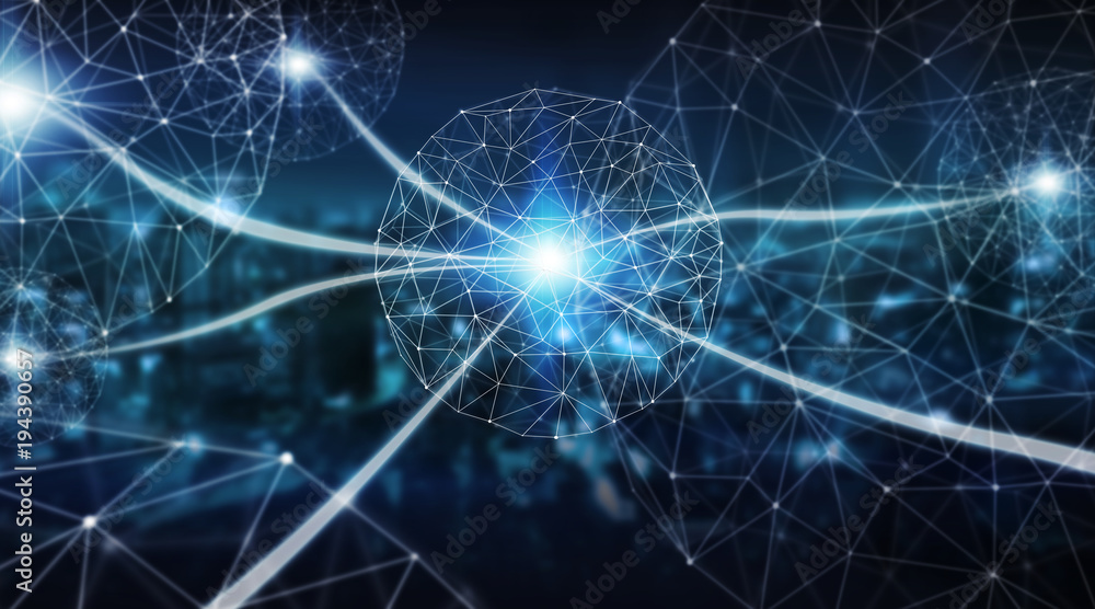 Connections system sphere and datas exchanges 3D rendering