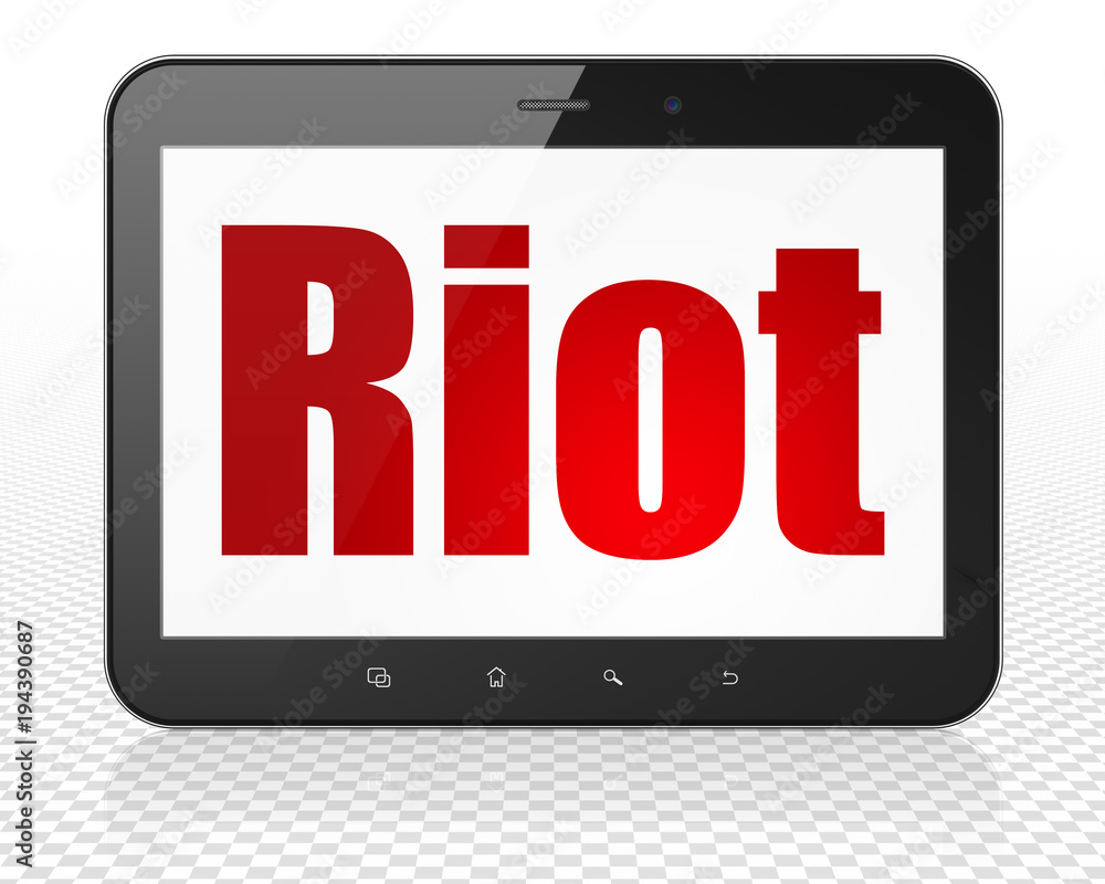 Political concept: Tablet Pc Computer with red text Riot on display, 3D rendering Political concept: Tablet Pc Computer with red text Riot on display, 3D rendering