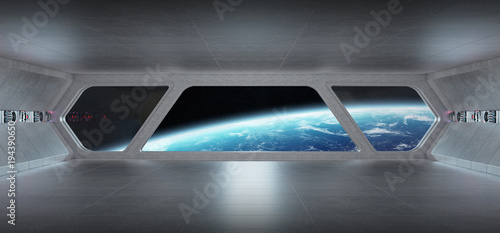 Fototapeta Naklejka Na Ścianę i Meble -  Spaceship futuristic grey blue interior with view on planet Earth