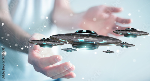 Fototapeta Naklejka Na Ścianę i Meble -  Businessman with retro UFO spaceship 3D rendering