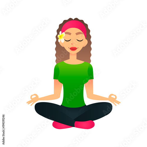 Cartoon young beautiful girl practicing yoga in a lotus pose. Flat vector women meditates and relaxes. Physical and spiritual therapy concept. Mind body spirit. Lady in lotus position.