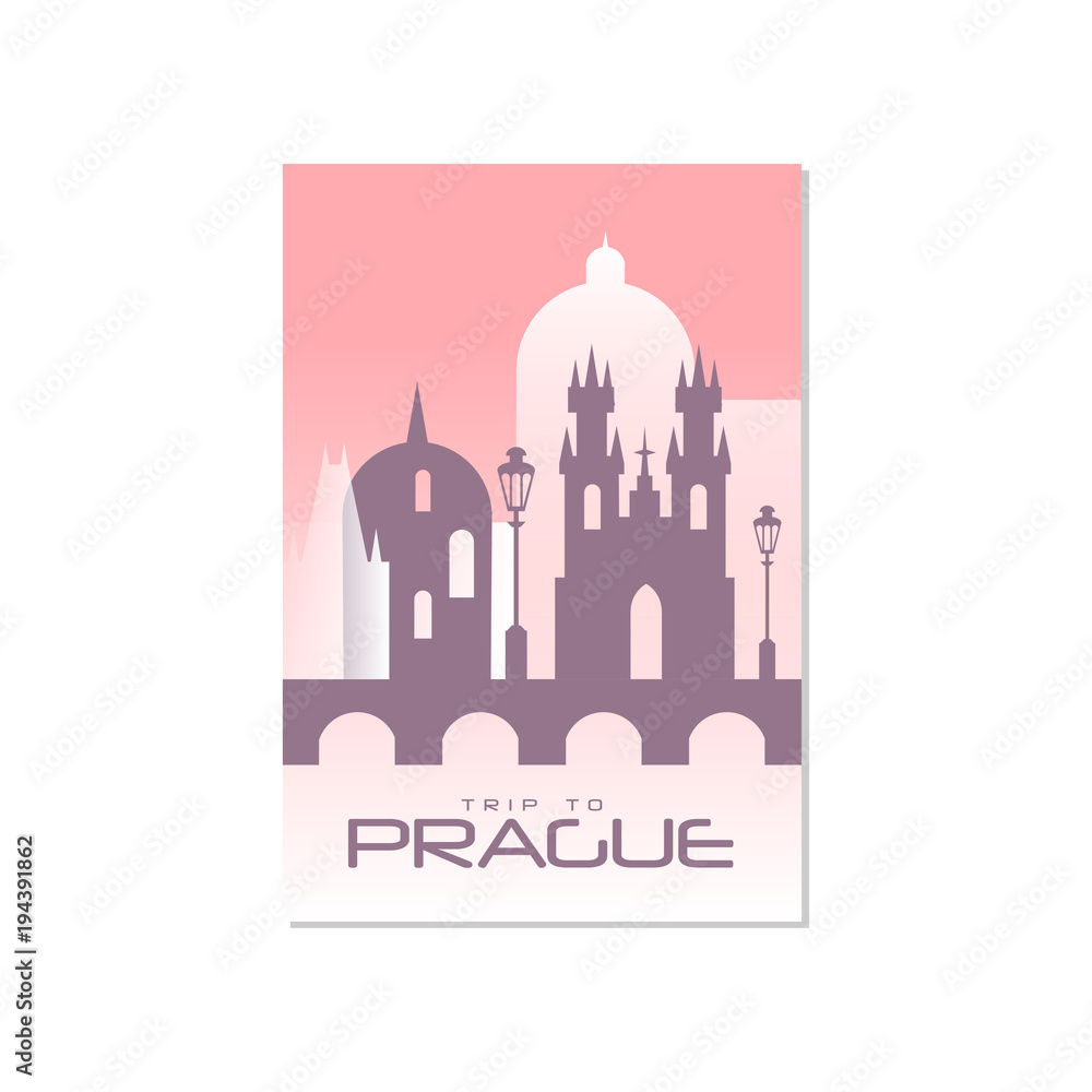 Trip to Prague, travel poster template, touristic greeting card, vector Illustration for magazine, presentation, banner