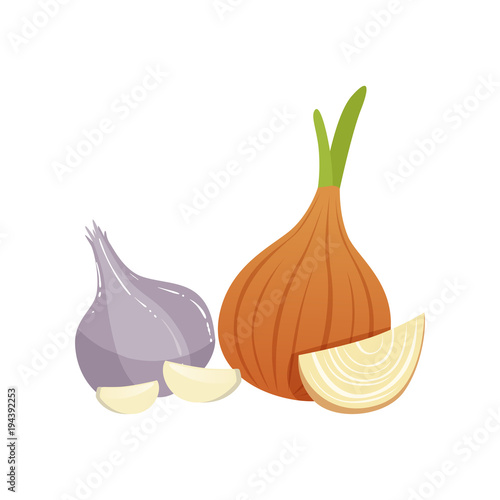 Garlic and onion bulbs, natural remedies for cold treatment vector Illustration on a white background