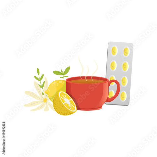Herbal tea in a red cup  lemon  chamomile and pills cold remedies vector Illustration on a white background