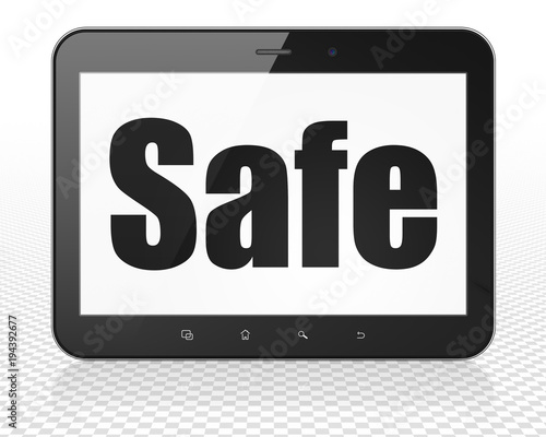 Safety concept: Tablet Pc Computer with black text Safe on display, 3D rendering