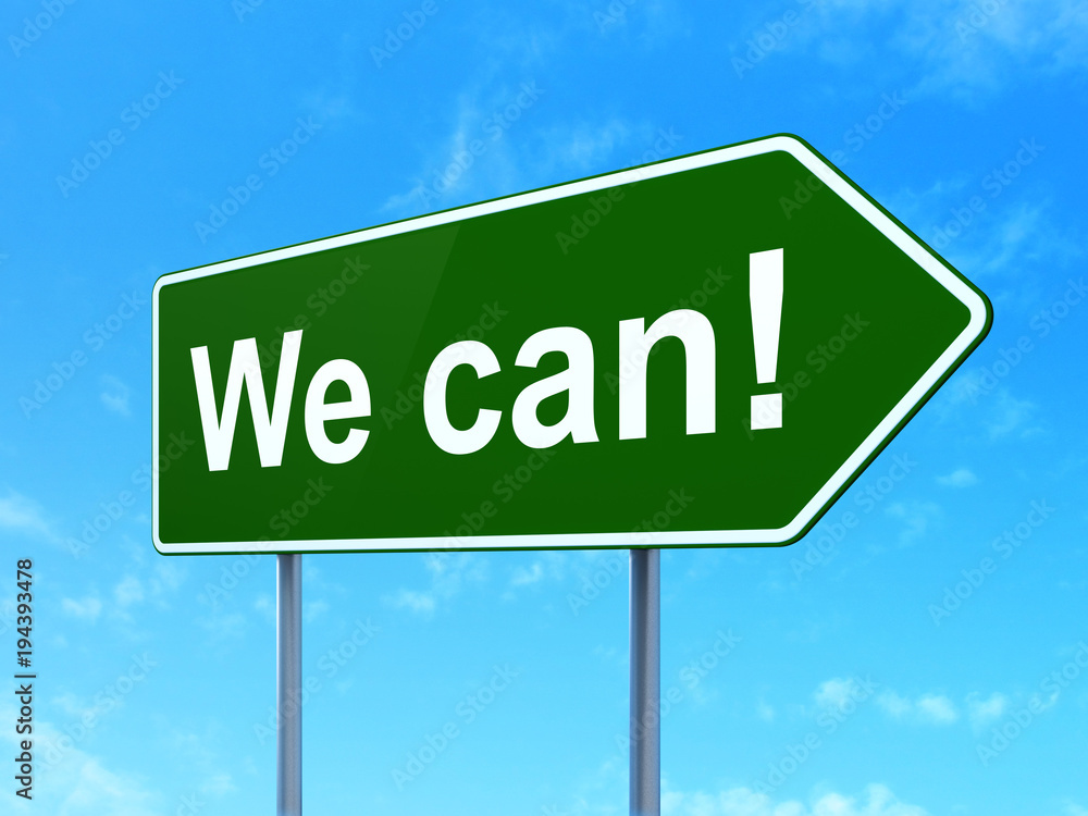 Finance concept: We Can! on green road highway sign, clear blue sky background, 3D rendering Finance concept: We Can! on green road highway sign, clear blue sky background, 3D rendering