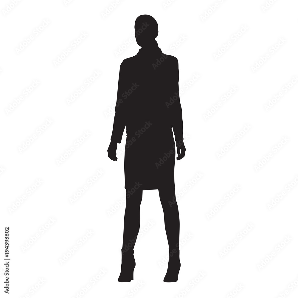 Business woman standing in formal dress, front view. Isolated vector silhouette