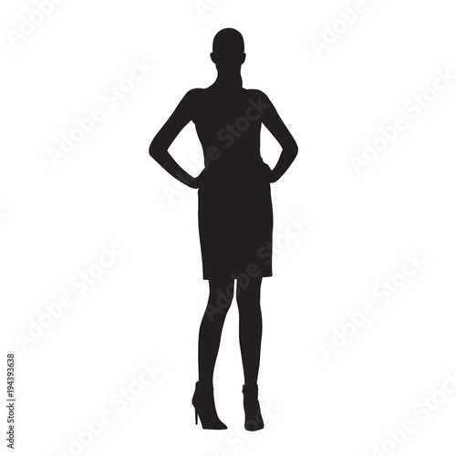 Tall woman standing with hand on her hips in short summer clothes. Isolated vector silhouette