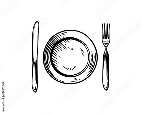 Plate with Knife and Fork Hand Drawing Symbol Restaurant Logo Vector
