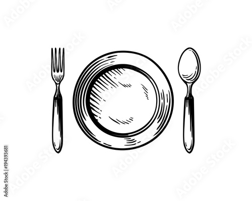 Plate with Spoon and Fork Hand Drawing Symbol Restaurant Logo Vector