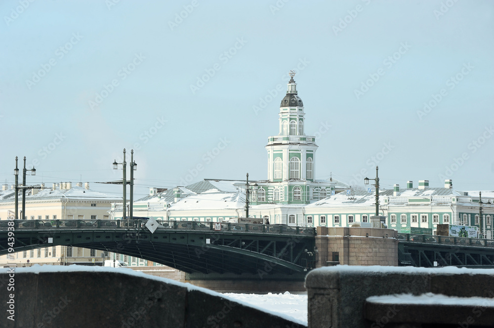 Kunstkamera building and view of Palace bridge in winter Kunstkamera building and view of Palace bridge in winter