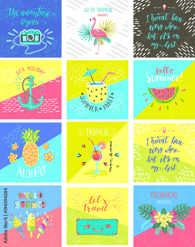 Set of Summer color hand-lettering labels and stickers. Tropical emblems with fruits. Travel postcards with quotes.