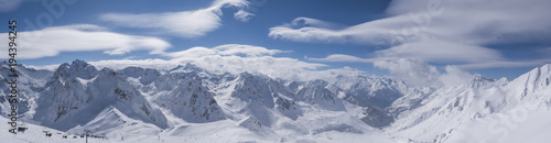 Winter mountains panorama with ski slopes  Bareges  Pyrennees  France
