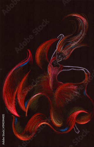 Hand drawn illustration with a dancing girl, like fire photo