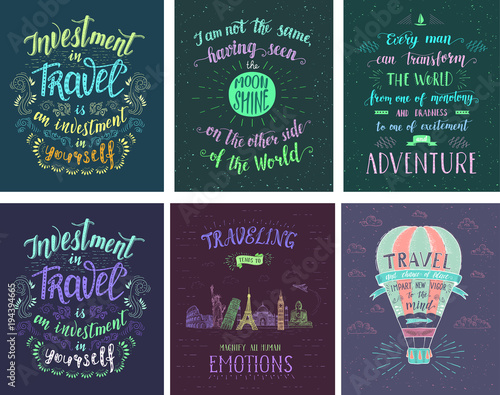 Set of travel posters. Vector hand drawn illustrations for t-shirt print or posters with hand-lettering quotes.