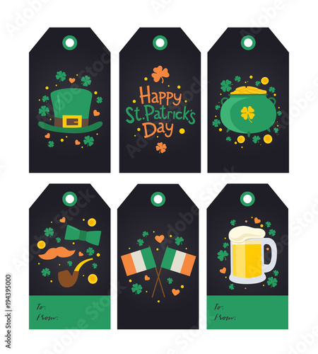 Collection of Saint Patrick's Day gift tags. Congratulatory inscription, Leprechaun's hat, pot of money and clover, beer mug, Ireland flag. Set for decoration of holiday gifts. Vector illustration.